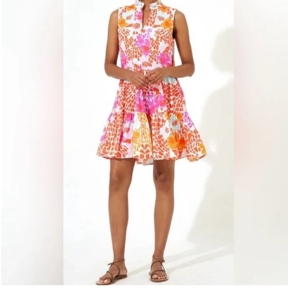 NWT Oliphant Yoke Floral Antiqua Orange Sleeveless Ruffle Mini Dress - Size L